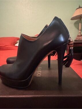 Gucci Black Leather High Heel Booties with Tassel Charm